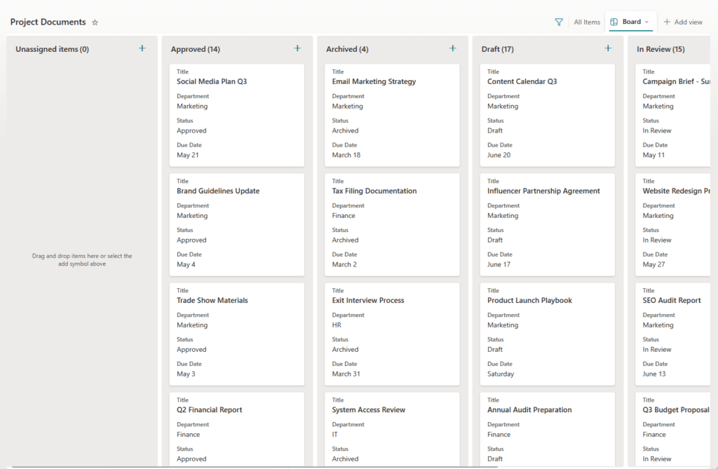 A digital project management board displays columns for unassigned, approved, archived, draft, and in review project documents, each with multiple card entries showing titles, departments, statuses, and important dates.