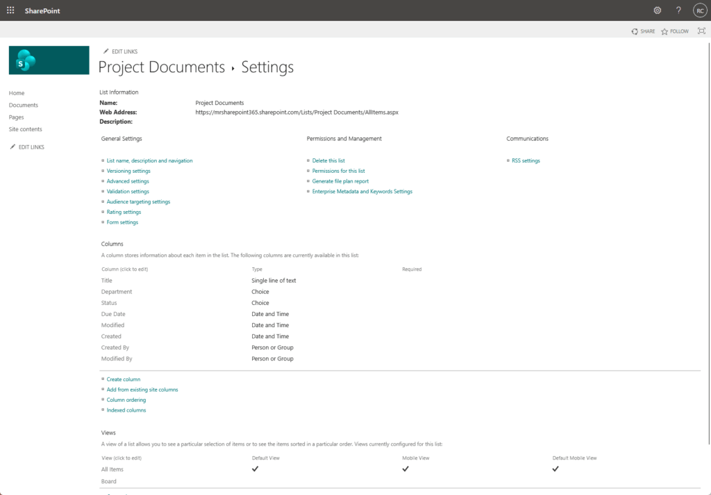 Screenshot of a SharePoint “Project Documents” settings page showing options for list settings, permissions, columns, and views. The page includes navigation links on the left and information organized in sections.