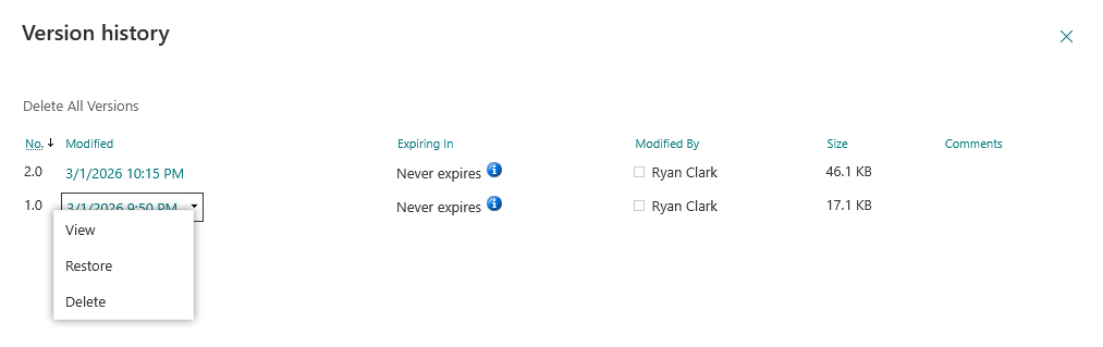 A Version history window showing two file versions with modification dates, expiries, user Ryan Clark as the modifier, file sizes=