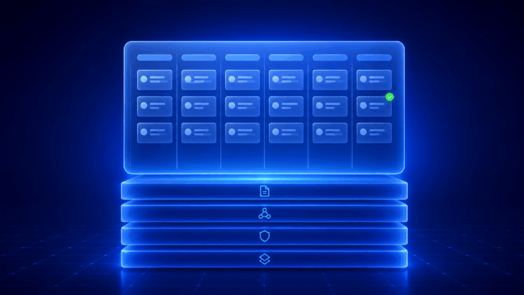 A glowing digital interface shows a grid of data or tasks on a screen above stacked server-like layers, with icons for security, connection, and organization, all in a blue futuristic style.