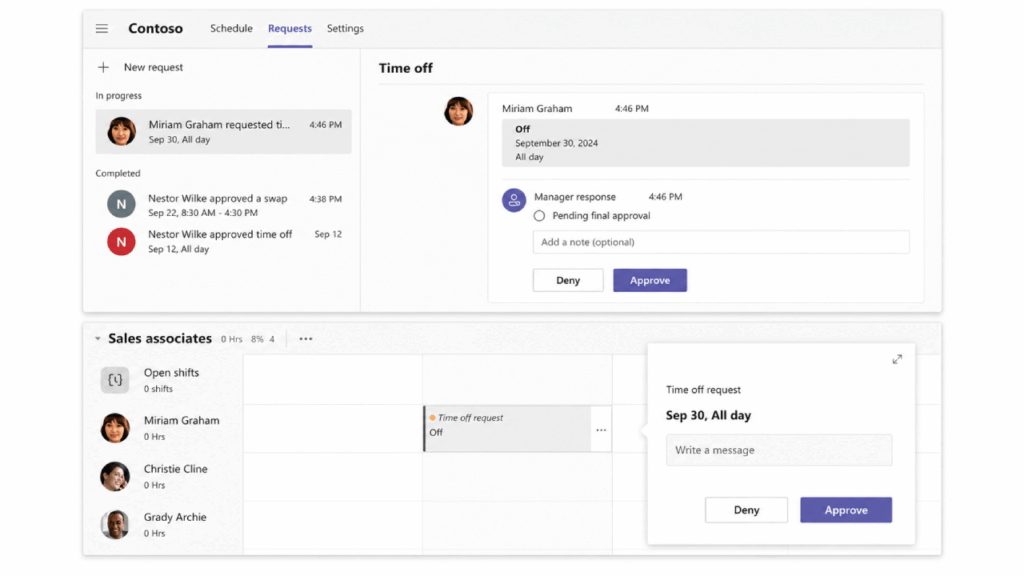 A screenshot of a work scheduling app shows pending and completed time-off requests, a time-off approval dialog for Miriam Graham, and a list of sales associates with their shift statuses.