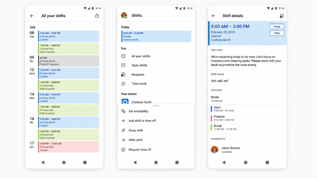 Three smartphone screens show a work scheduling app: the first displays a monthly shifts calendar, the second shows shift options, and the third provides details for a selected shift including time, location, and tasks.