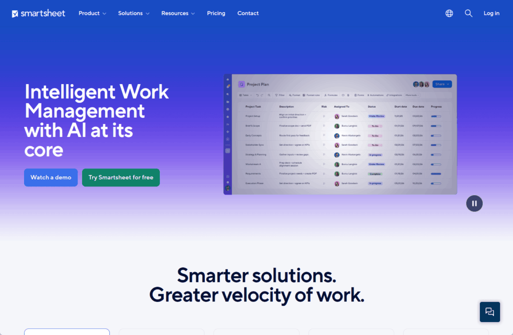 Screenshot of the Smartsheet homepage featuring a headline Intelligent Work Management with AI at its core, a video preview of a project plan, and buttons to Watch a demo and Try Smartsheet for free.