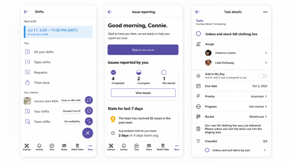 Screenshot of a mobile app showing shift schedules, issue reporting with stats, and a task list. The interface displays dates, assigned users, and options to manage shifts, report issues, and track task completion.