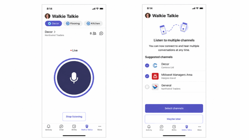 Two mobile screens of a Walkie Talkie app: the left shows a live listening interface for the “Decor” channel with a microphone icon; the right shows a channel selection page with suggestions and “Select channels” button.