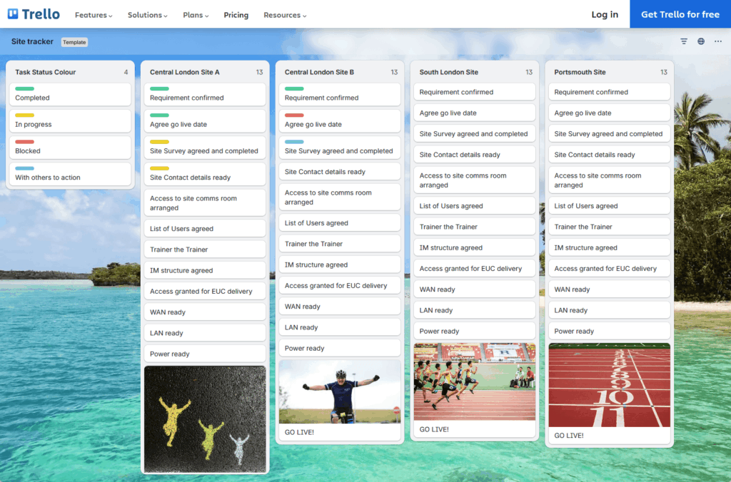 A Trello board titled Site tracker is displayed over a tropical beach background, showing five columns with task lists for different London and Portsmouth sites, each tracking project statuses. Two images are attached to tasks at the bottom.