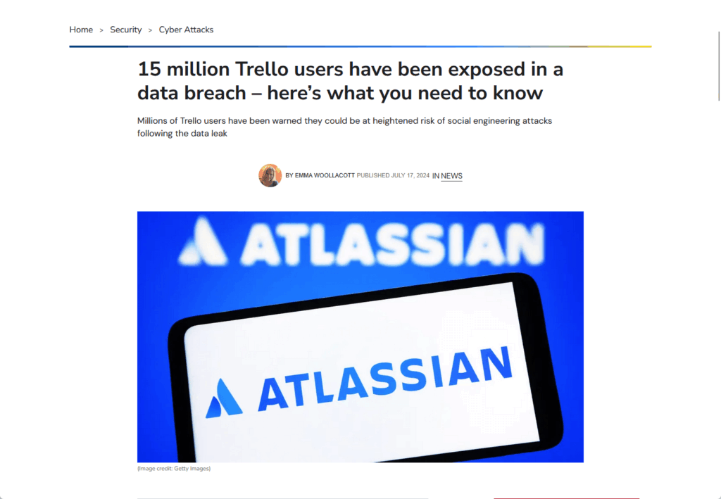 Screenshot of a news article titled “15 million Trello users have been exposed in a data breach – here’s what you need to know,” with an image of a phone displaying the Atlassian logo.