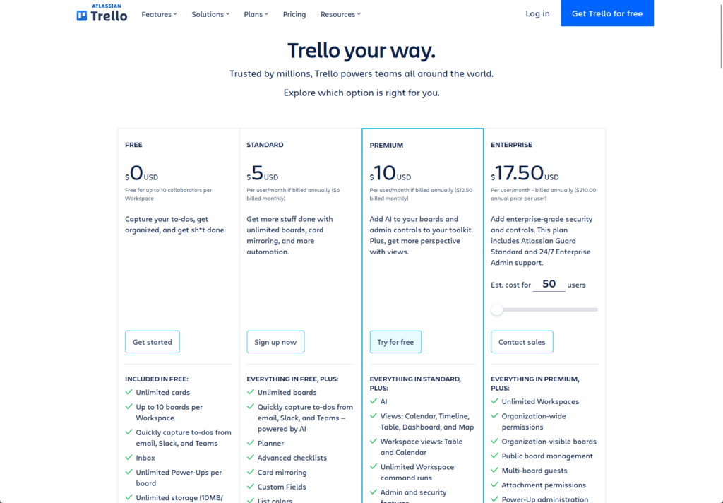 Trello pricing page showing Free, Standard, Premium, and Enterprise plans in a comparison table, with features, monthly prices, and highlighted differences for each plan.