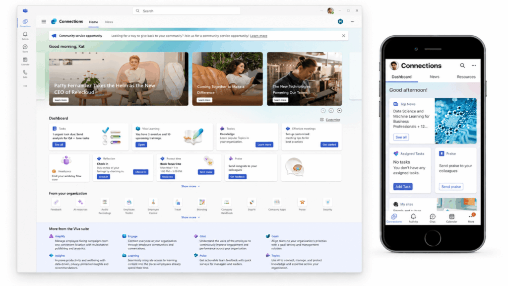 A desktop and smartphone display a workplace dashboard called Connections, featuring news, events, quick links, tasks, and updates in a clean, organized layout with navigation menus on the left and top.