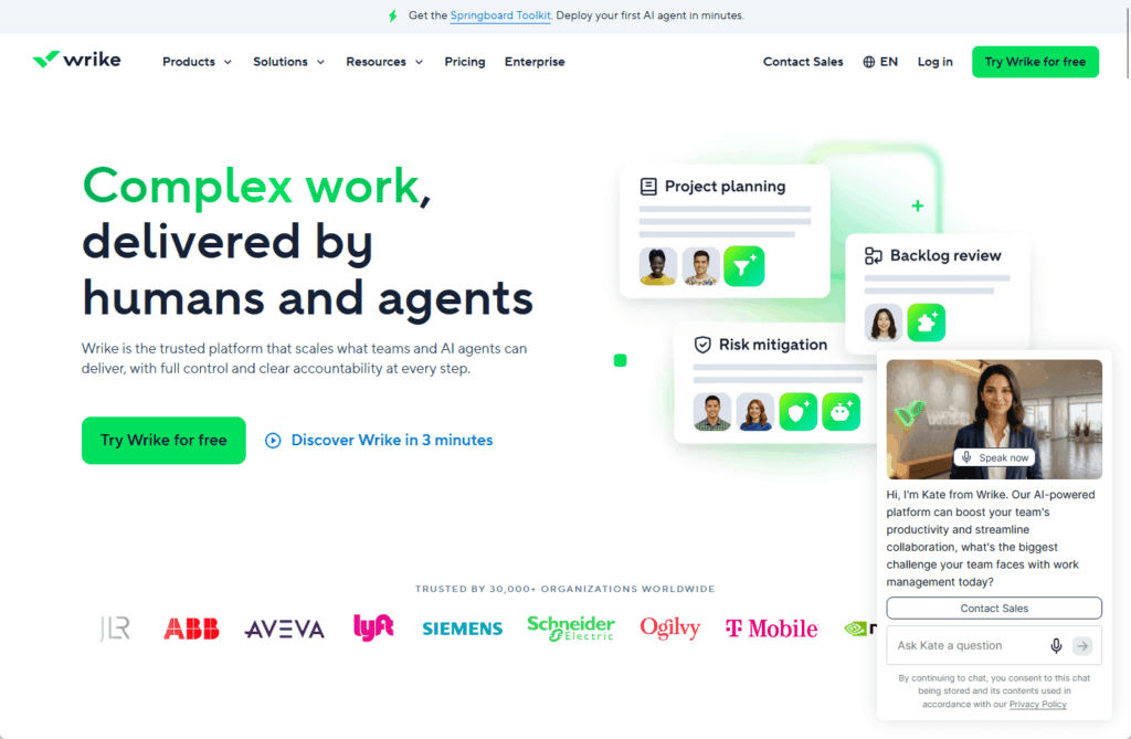 Screenshot of the Wrike homepage featuring the headline Complex work, delivered by humans and agents, a green Try Wrike for free button, project management illustrations, and a pop-up video chat window with a female agent offering help.