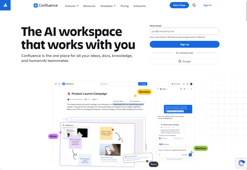 Screenshot of Confluence’s homepage showing the headline “The AI workspace that works with you,” a sign-up form, and an example workspace with notes, tasks, and colored tags labeled Brion, Veronica, Methew, and Rovo.
