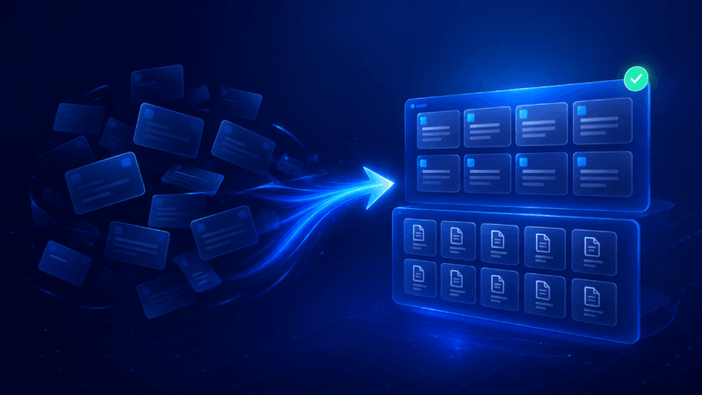 A digital illustration of scattered documents and cards converging into two organized, glowing grids via a blue arrow, symbolizing data organization or digital transformation. A green checkmark indicates successful completion.
