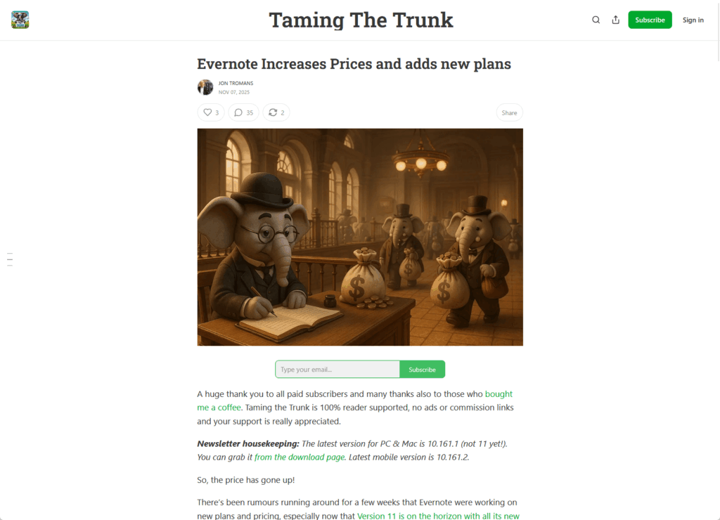 An article titled Evernote Increases Prices and adds new plans on the Taming The Trunk website features an illustration of elephants in suits and hats, handling money bags in an ornate room, with a typewriter on a desk.