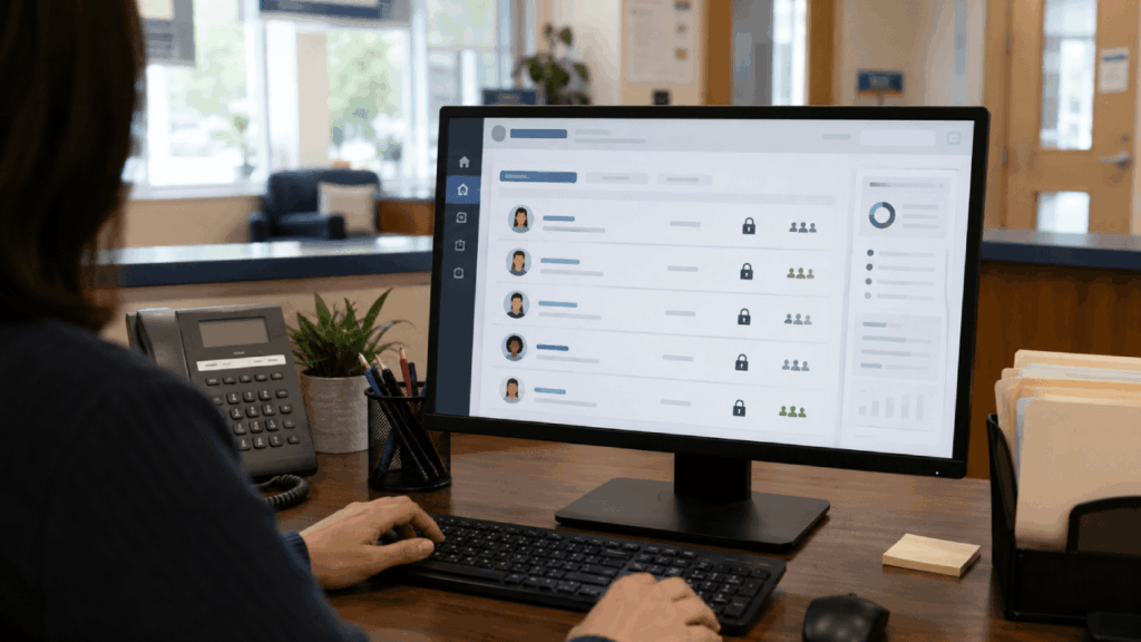 A person sits at a desk using a computer, viewing a screen displaying a list of user profiles, some with padlock icons. The desk has a phone, potted plant, sticky notes, and files. An office setting is in the background.