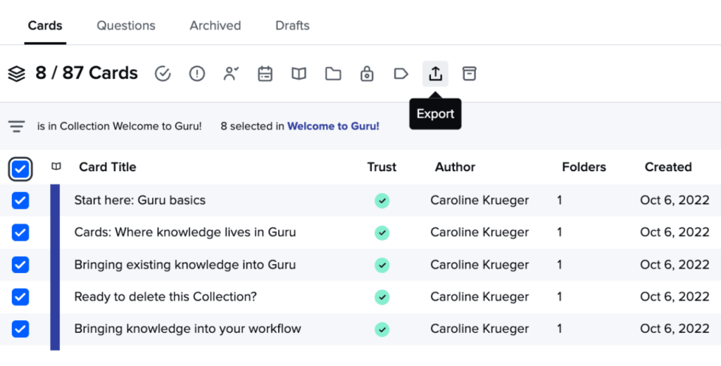 A screenshot of a dashboard showing a list of cards with columns for Card Title, Trust, Author, Folders, and Created date. Several cards are selected, and the Export button is highlighted.