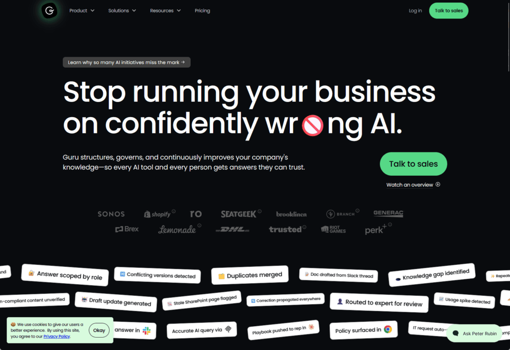 A website homepage with the headline Stop running your business on confidently wrong AI. Various company logos are shown below, along with floating text boxes displaying AI-related features. There are prominent green Talk to sales buttons.