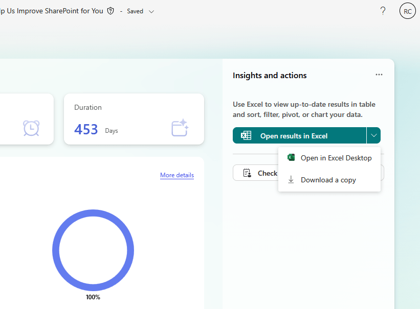 A dashboard displays Duration 453 Days and a blue progress circle. A menu is open showing Open results in Excel with options for Open in Excel Desktop and Download a copy.