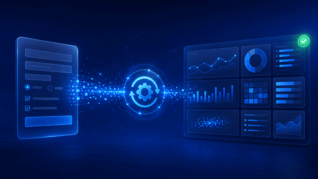 A glowing digital dashboard with data charts and graphs on the right, a settings form on the left, and a central gear icon connected by streams of data on a blue tech background.
