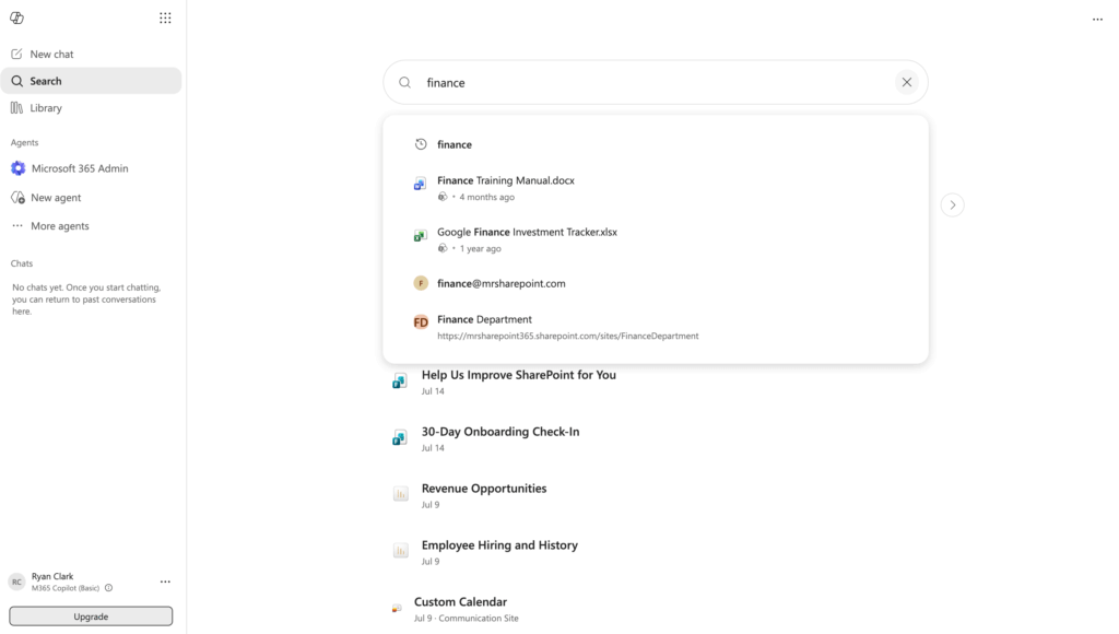 A search bar with the word finance typed in, showing suggestions like Finance Training Manual, Google Finance, and Finance Department. Below are recent searches such as onboarding and revenue opportunities.