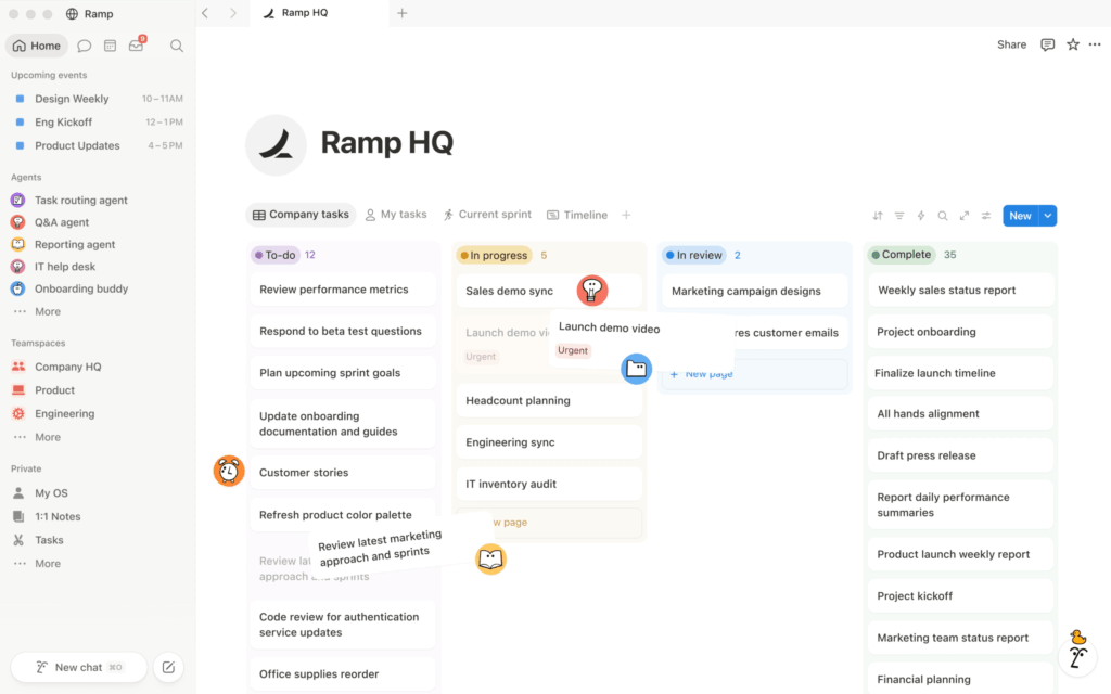 A digital project management board titled Ramp HQ displays tasks organized in columns: To-do, In progress, In review, and Complete. Each task is listed under relevant columns with colored tags and some tasks have emoji icons.