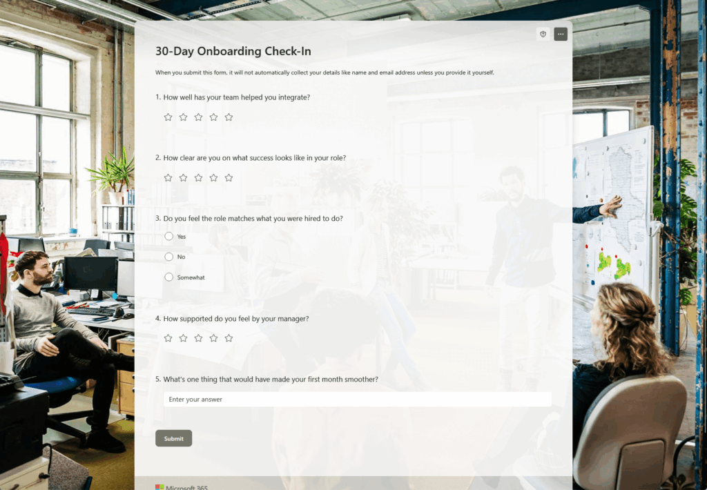 Four people in a modern office discuss near a whiteboard with charts, while a 30-Day Onboarding Check-In survey form is displayed over the image. The office has large windows and plants.