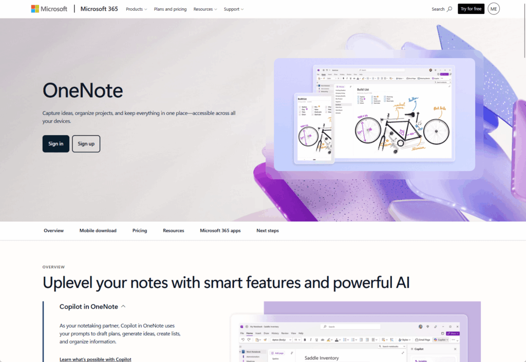 Screenshot of the Microsoft OneNote webpage, featuring device screens displaying a digital notebook with colorful drawings of a bicycle. Page sections include overview, mobile download, pricing, resources, and Microsoft 365 apps.