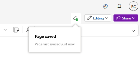 A notification popup on a webpage displays Page saved with the subtext Page last synced just now. The interface also shows editing and share buttons in the upper right corner.