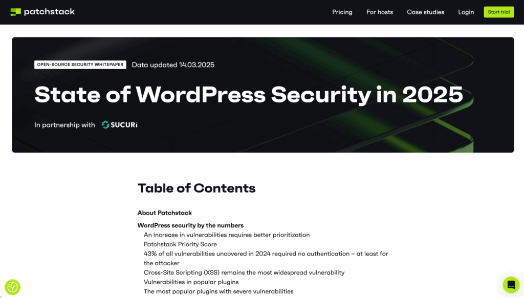 Screenshot of Patchstacks State of WordPress Security in 2025 with date 14.03.2025. Shows title, Patchstack and Sucuri logos, and table of contents covering vulnerabilities and security topics.