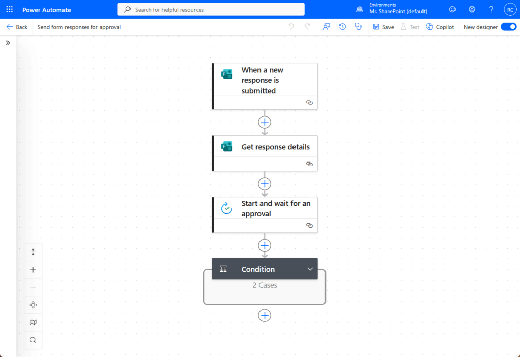 Screenshot of a Power Automate workflow with steps: “When a new response is submitted,” “Get response details,” “Start and wait for an approval,” and “Condition” with 2 cases, displayed in a vertical flowchart.