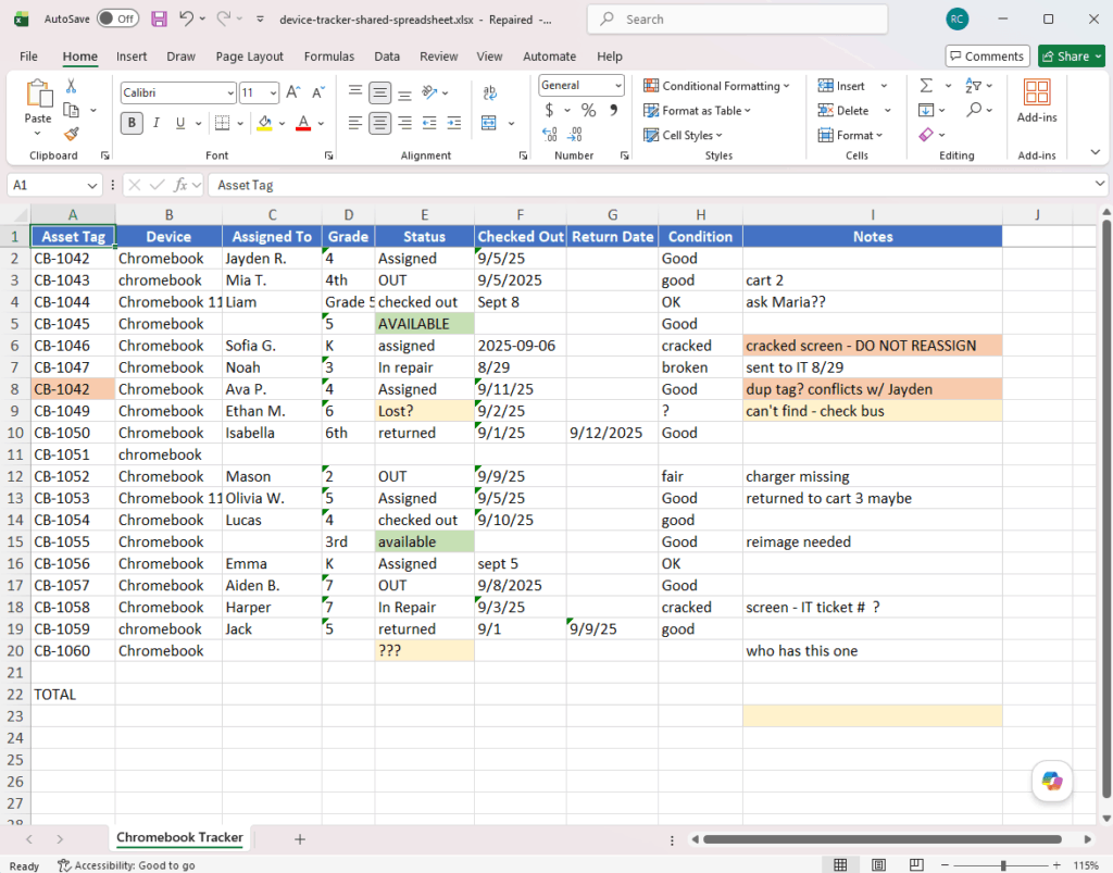 A device tracker spreadsheet lists Chromebooks with details like asset tag, device, assigned to, grade, status, checked out/return date, condition, and notes. Several rows show different statuses, conditions, and comments.