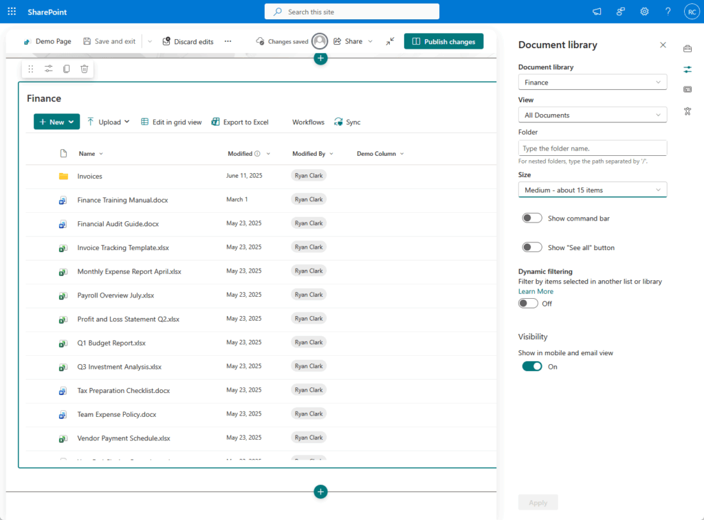 SharePoint document library with finance files listed, showing file names, modified dates, and editors. A settings panel is open on the right with display, sort, and visibility options for the document library.