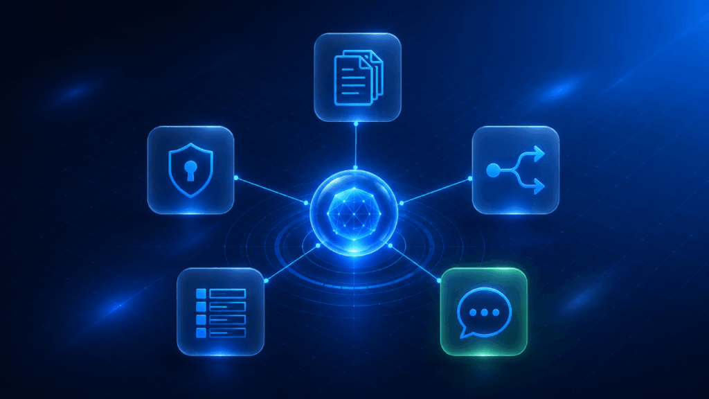 Digital illustration of a glowing central sphere connected to five icons: documents, network sharing, chat bubble, shield with a keyhole, and a server, representing data and communication concepts on a blue background.