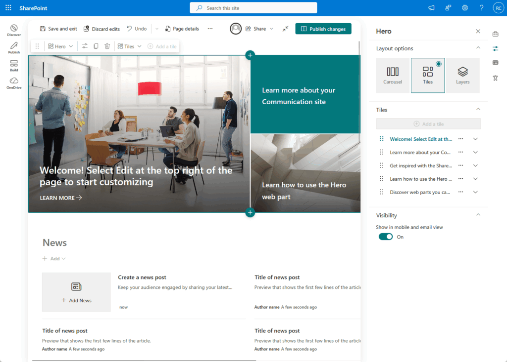 A SharePoint site editing interface with web parts previewed, layout options on the right, and sections for a welcome message, news posts, and hero tiles. Top bar shows Save, Discard edits, and Publish changes buttons.