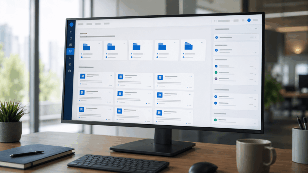 A widescreen computer monitor on a modern wooden desk displays a digital file management interface with folders and documents. Nearby are a keyboard, closed notebook, pen, plant, and a window with daylight.