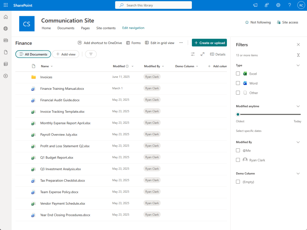 A SharePoint document library titled Finance displays various financial documents, their modified dates, and authors. Filters on the right allow sorting by file type, author, and date. The interface includes action buttons at the top.