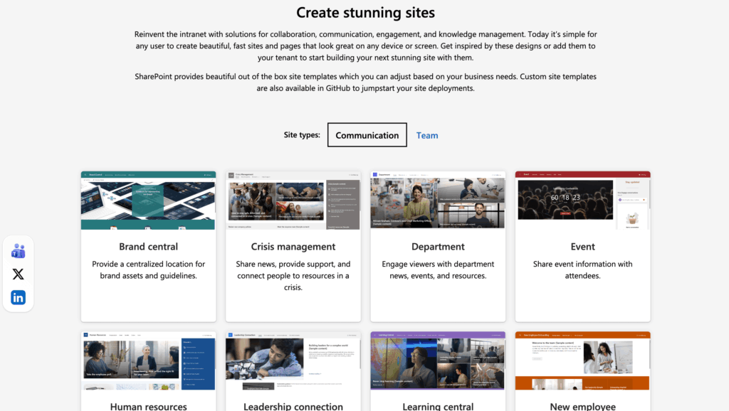 Screenshot of a webpage displaying templates for creating stunning sites, including options for brand central, crisis management, department, event, and others, with preview images and brief descriptions for each template.