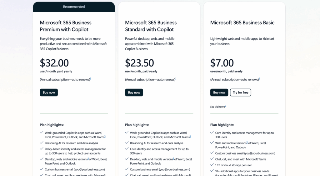 Three Microsoft 365 business plan options are shown: Premium ($32), Standard ($23.50), and Basic ($7), each with features listed below and Buy now or Try for free buttons. Prices shown are per user/month, paid yearly.