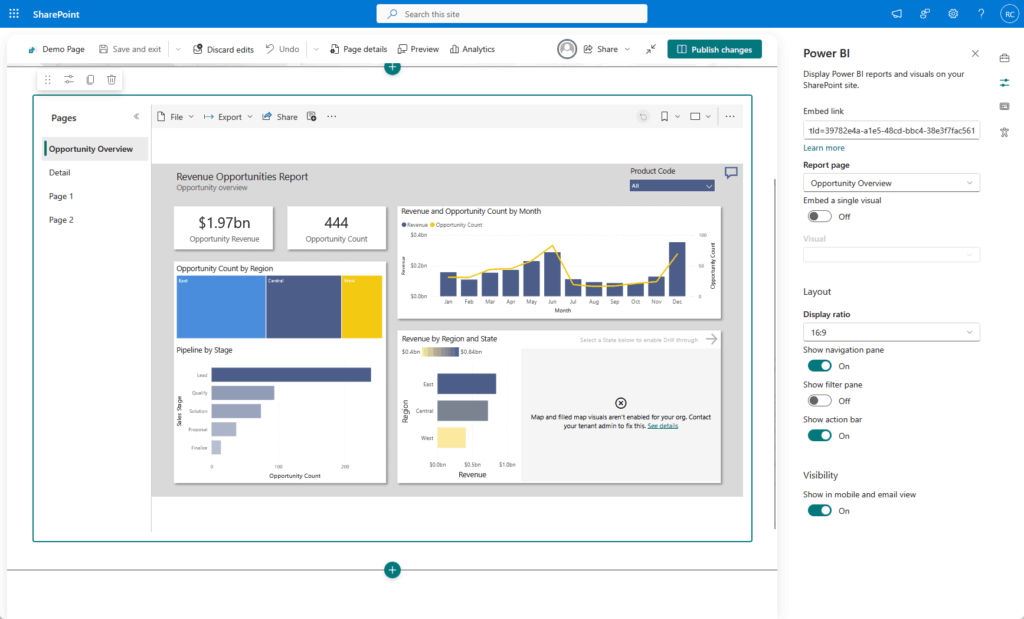 SharePoint page displaying a Power BI report titled Revenue Opportunities Report with charts showing revenue, opportunity count, pipeline by stage, and performance trends. Power BI integration settings are visible on the right panel.