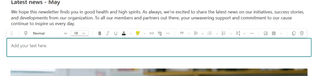Screenshot of an email draft titled Latest news - May, showing a text editor with a newsletter message and an empty text box labeled Add your text here.