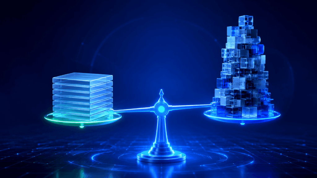 A futuristic scale balances two sides: stacked transparent squares on the left and a tall tower of variously sized cubes on the right, glowing blue on a digital grid background.