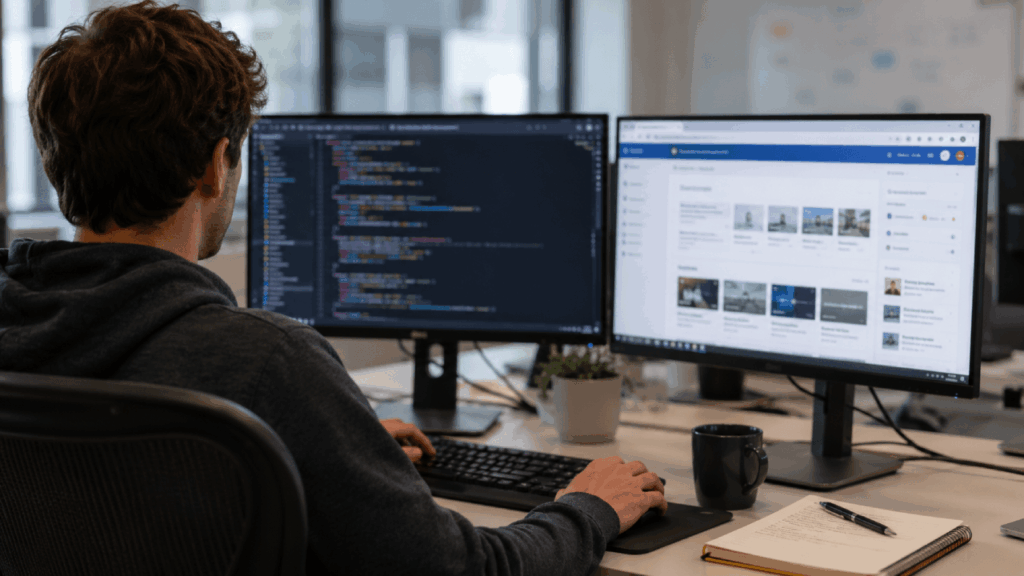 A person sits at a desk with two monitors; one screen displays code, and the other shows a website. There’s a mug, notebook, and potted plant on the desk in an office setting.
