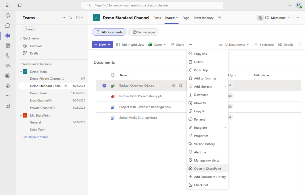 A Microsoft Teams window shows a document library in the “Demo Standard Channel.” A right-click menu is open on a file, displaying options like copy link, download, delete, move to, and open in SharePoint.
