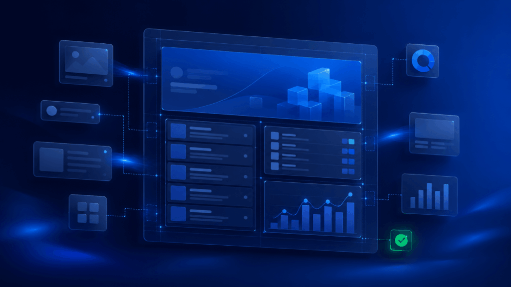 A futuristic digital dashboard displays charts, graphs, and data widgets, all connected by dotted lines, set against a dark blue, glowing background.