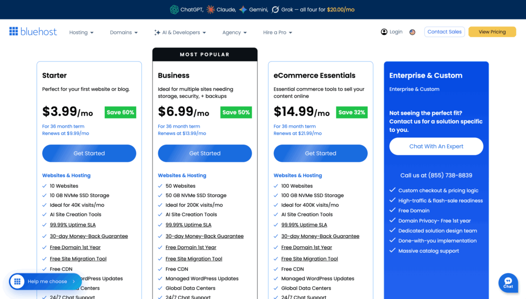 Bluehost pricing plans comparison chart showing Starter, Business, eCommerce Essentials, and Enterprise & Custom hosting options with pricing, features, and contact information.