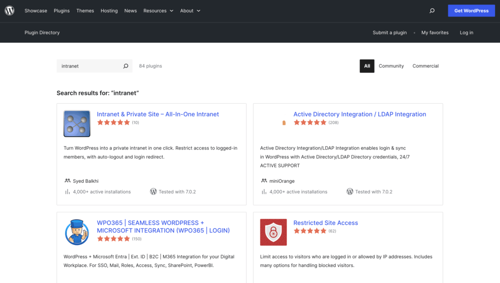 WordPress plugin directory search results for “intranet” showing several plugins with ratings, author names, active installations, and brief descriptions in a grid layout.